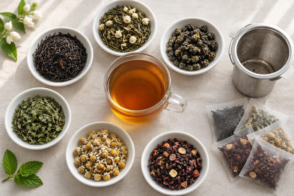 Assorted black, green, oolong, peppermint and chamomile loose-leaf teas beside a brewed cup and basket infuser