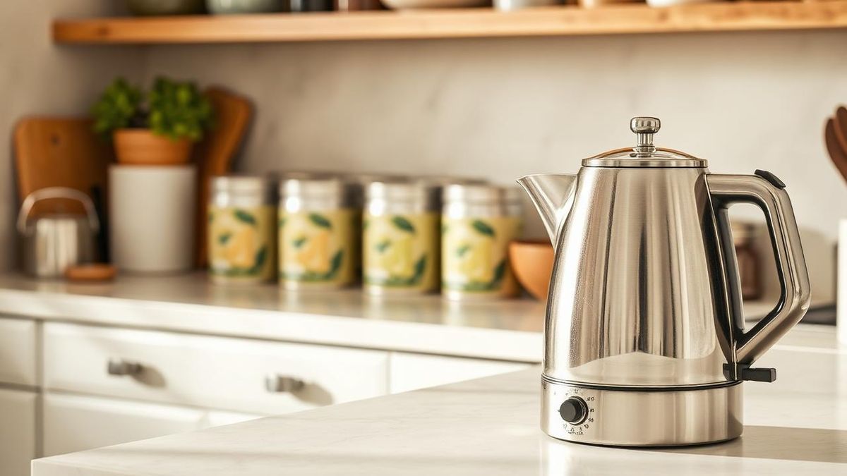 Stainless steel variable temperature kettle on a kitchen counter with tea tins