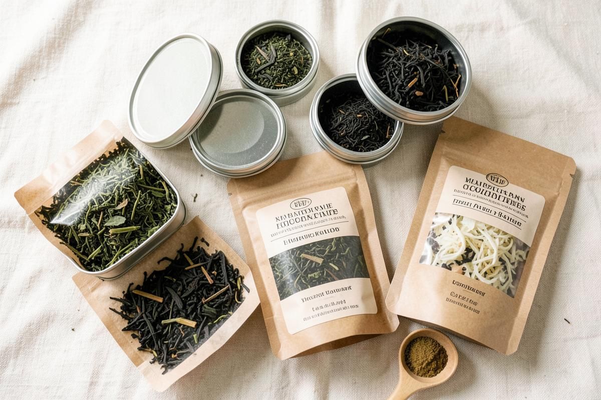 Small tins and pouches of assorted loose-leaf green, black and oolong teas on a cream cloth