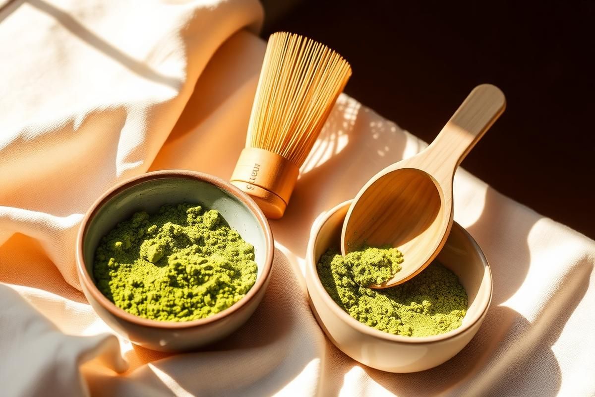 Bamboo matcha whisk, scoop and ceramic bowl with sifted matcha powder