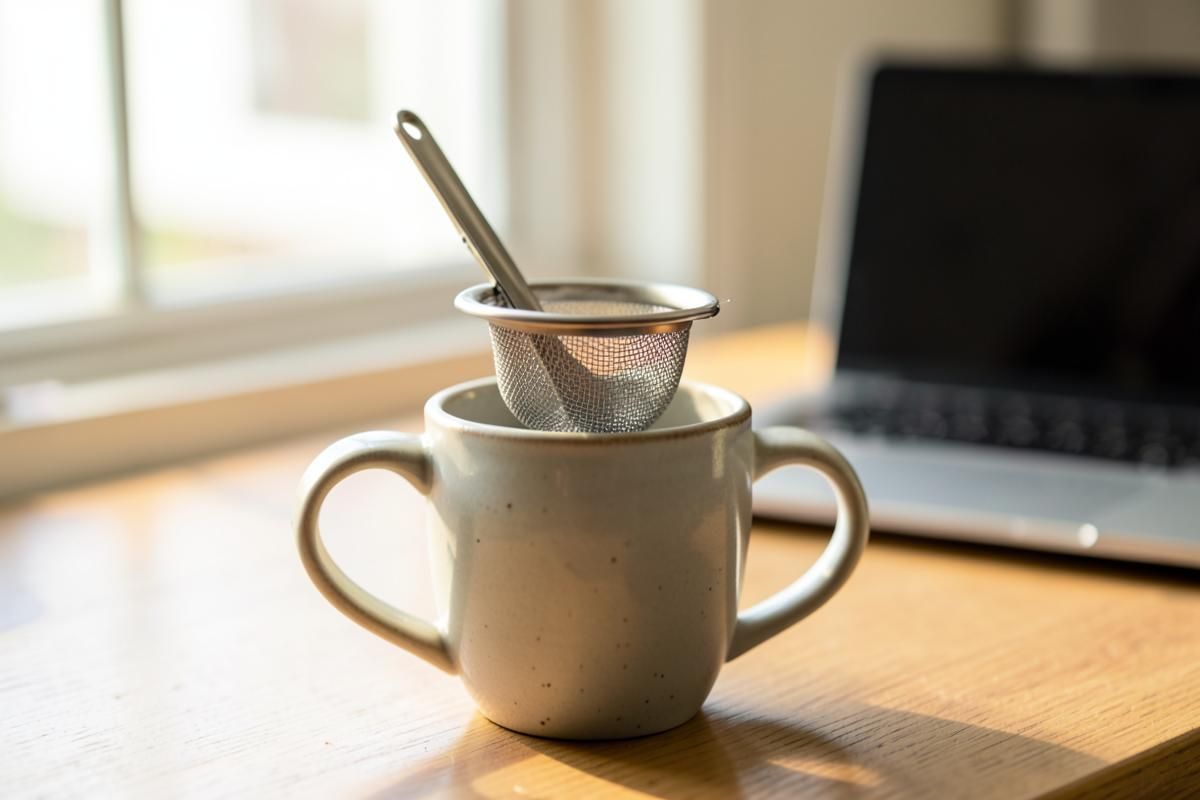 A stainless steel tea infuser basket resting in a ceramic mug on an office desk beside a laptop