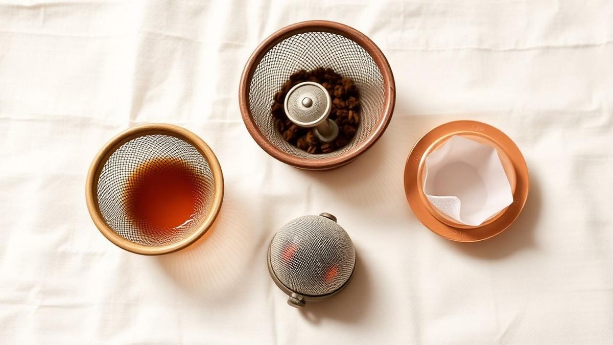 Three infuser types laid out: fine mesh basket, tea ball and cotton sock filter