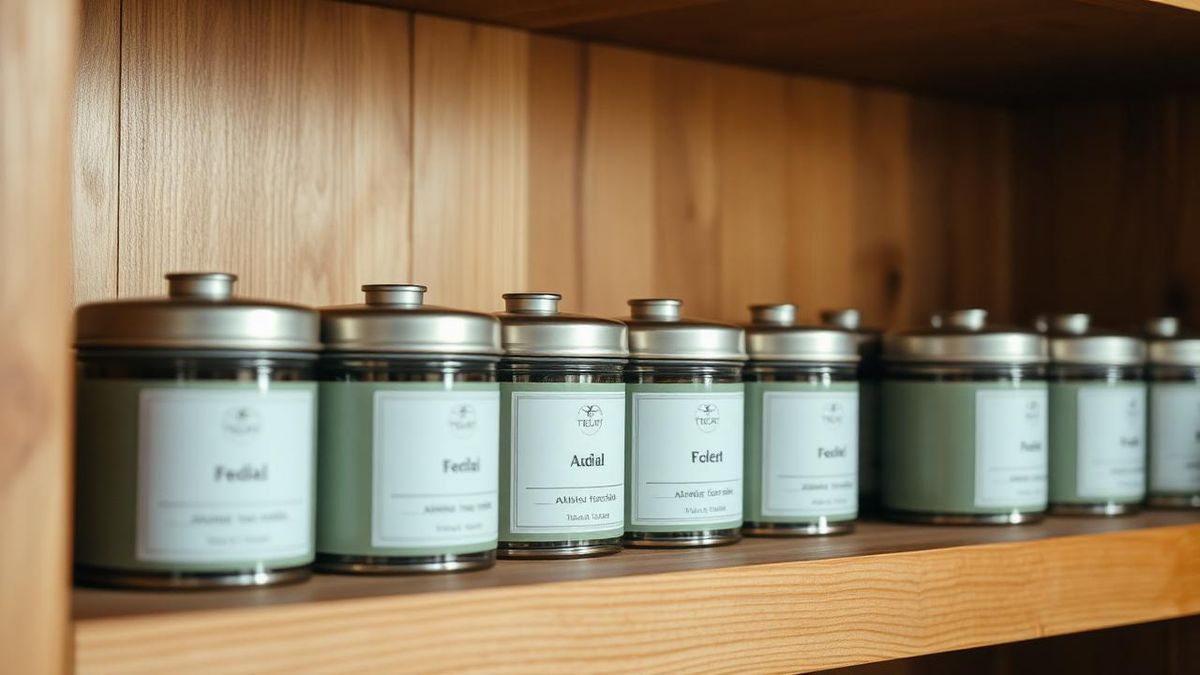 Row of opaque airtight tea tins with labels on a wooden shelf