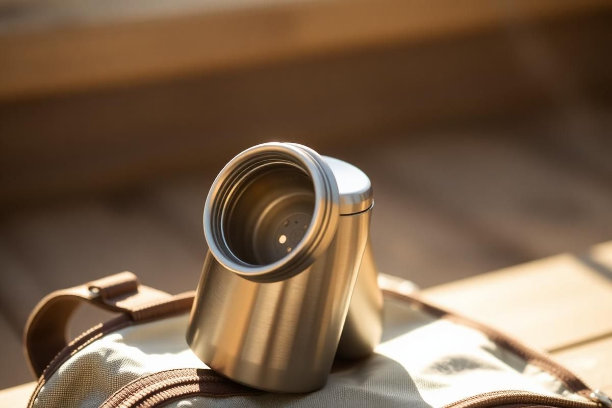 Insulated steel tea tumbler with infuser basket on a commuter bag