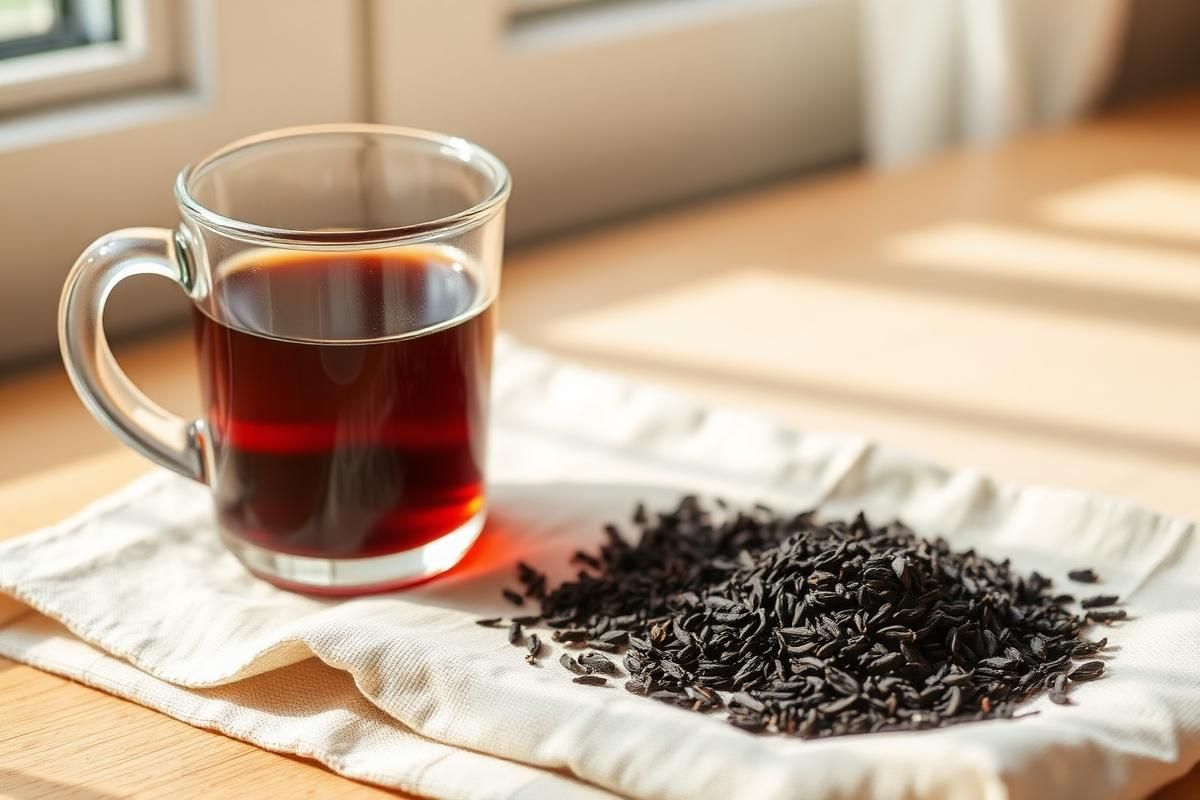 Amber black tea brewing in a glass teapot with loose leaves visible