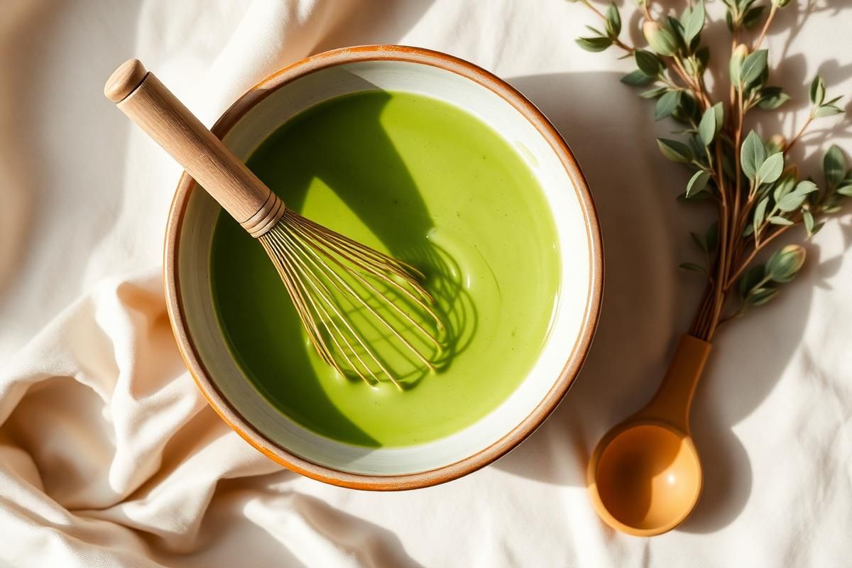 A chawan bowl of frothy green matcha with a bamboo whisk resting beside it
