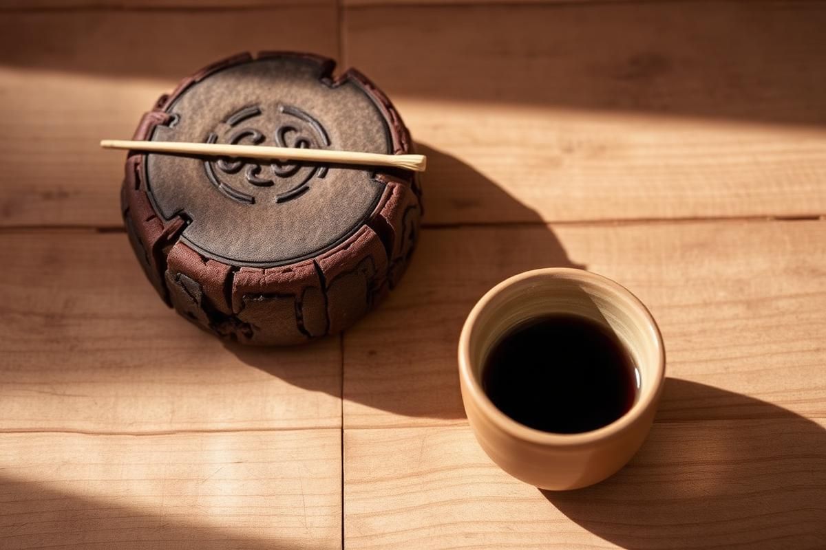 A pressed pu-erh cake being broken apart with a tea pick beside a gaiwan