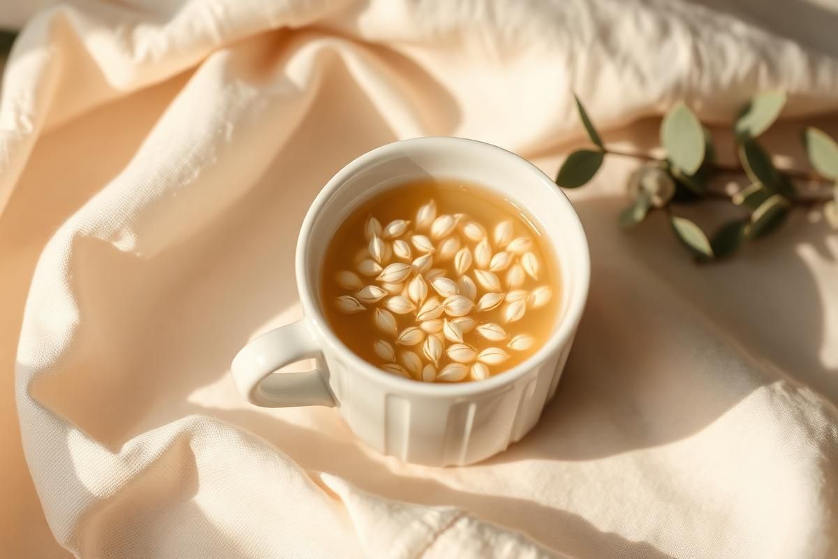 Silvery white tea buds steeping in a clear glass cup