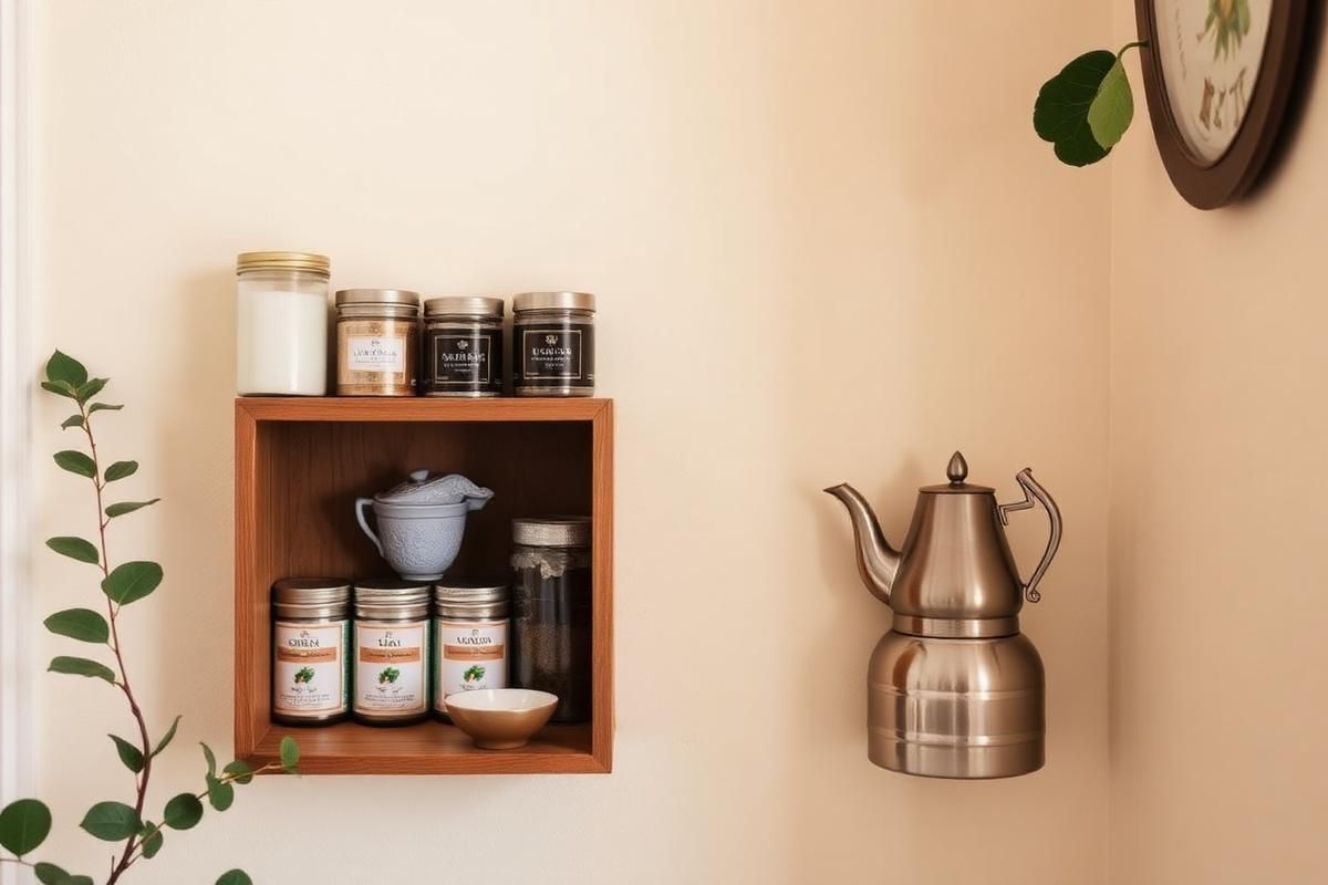 Tidy home tea shelf with labeled tins, a kettle and a gaiwan against a cream wall