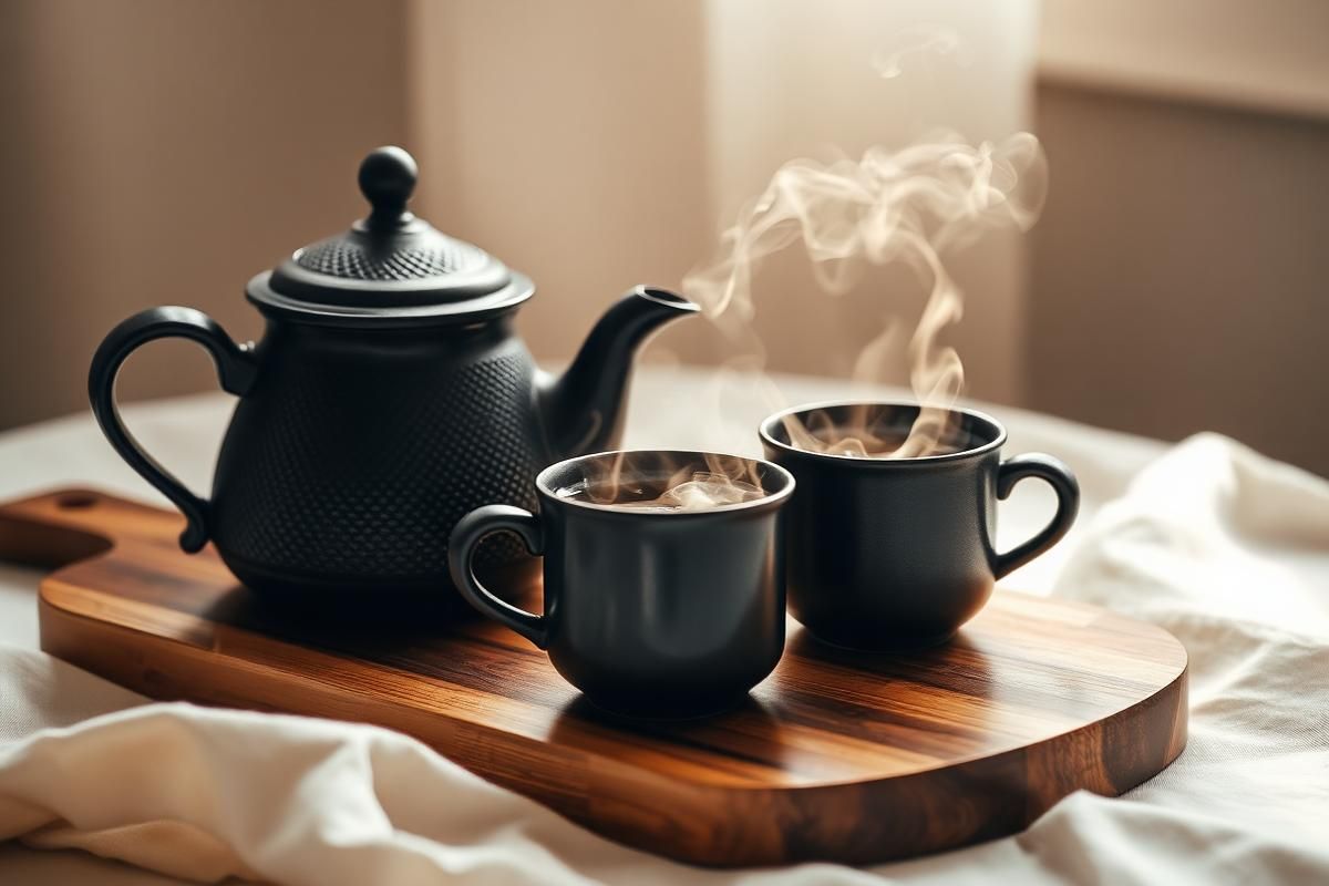 A dark cast iron teapot with a decorative pattern sitting on a wooden trivet