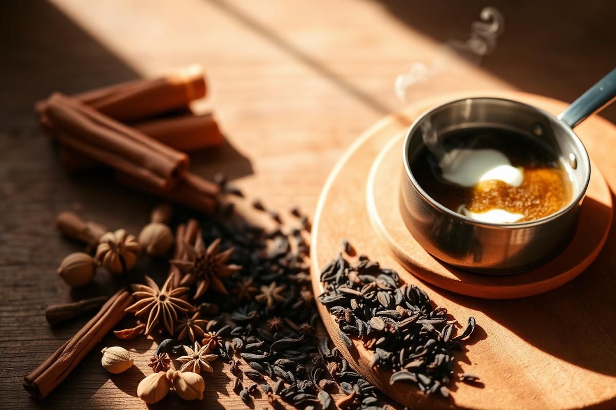 Whole spices and black tea leaves beside a pan of simmering masala chai