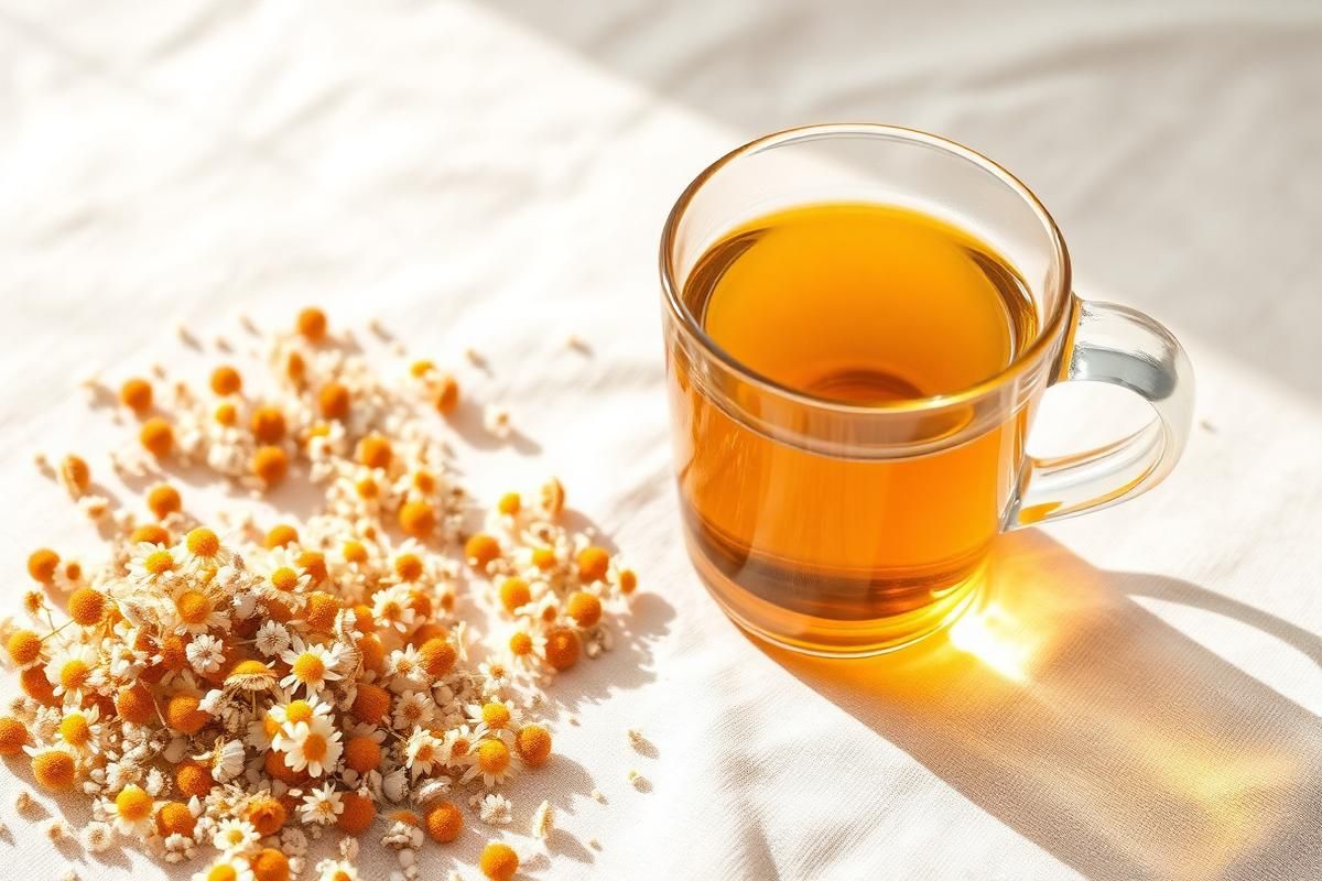 Dried chamomile flowers beside a glass cup of golden infusion on cream linen