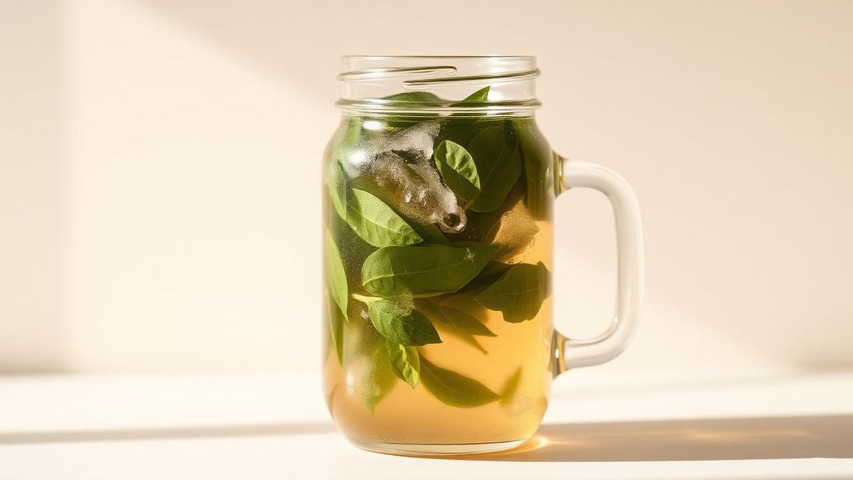 Glass jar of cold brew green tea with leaves suspended in cold water