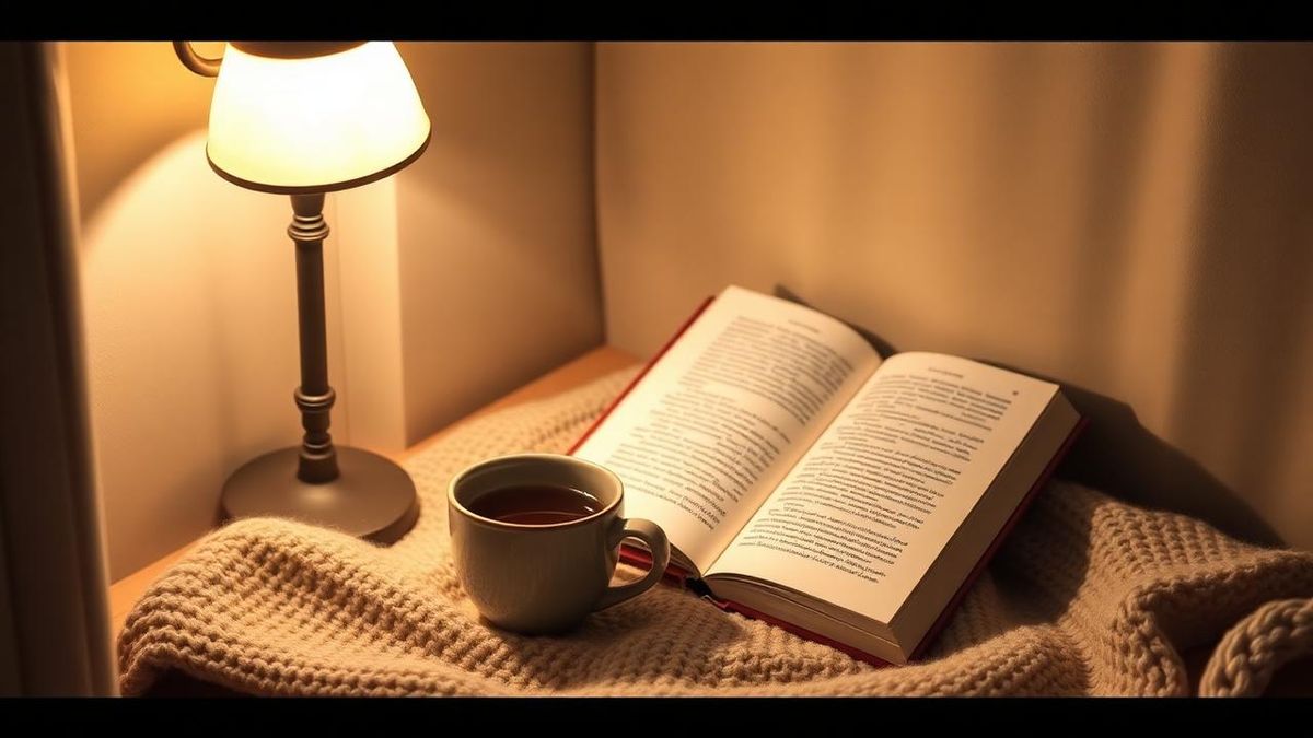 Warm lamplit corner with a mug of hojicha and a book