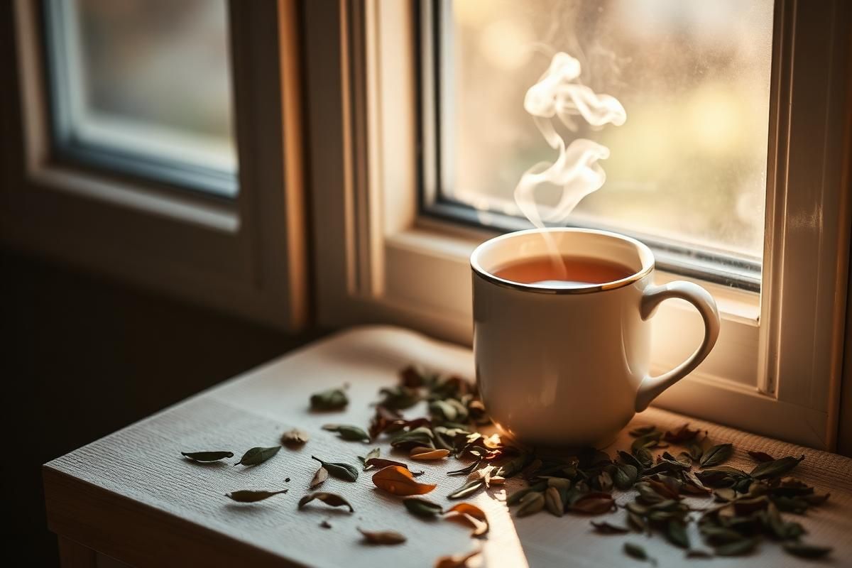 Steaming mug of tea on a windowsill in morning light with loose leaves scattered nearby