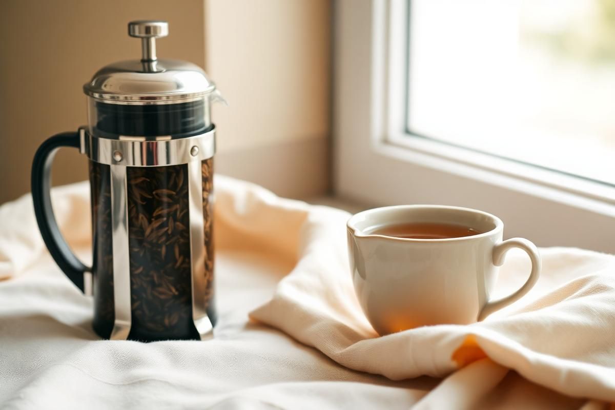 A glass French press filled with steeping black tea leaves