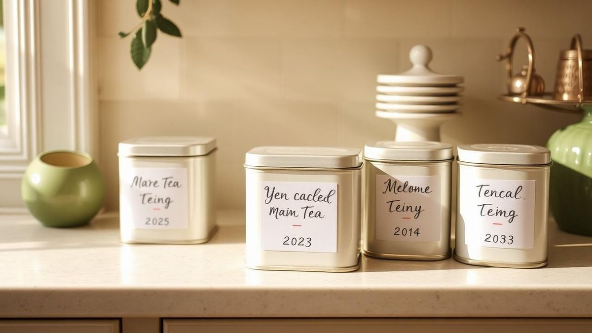 Dated labels on tea tins showing purchase months