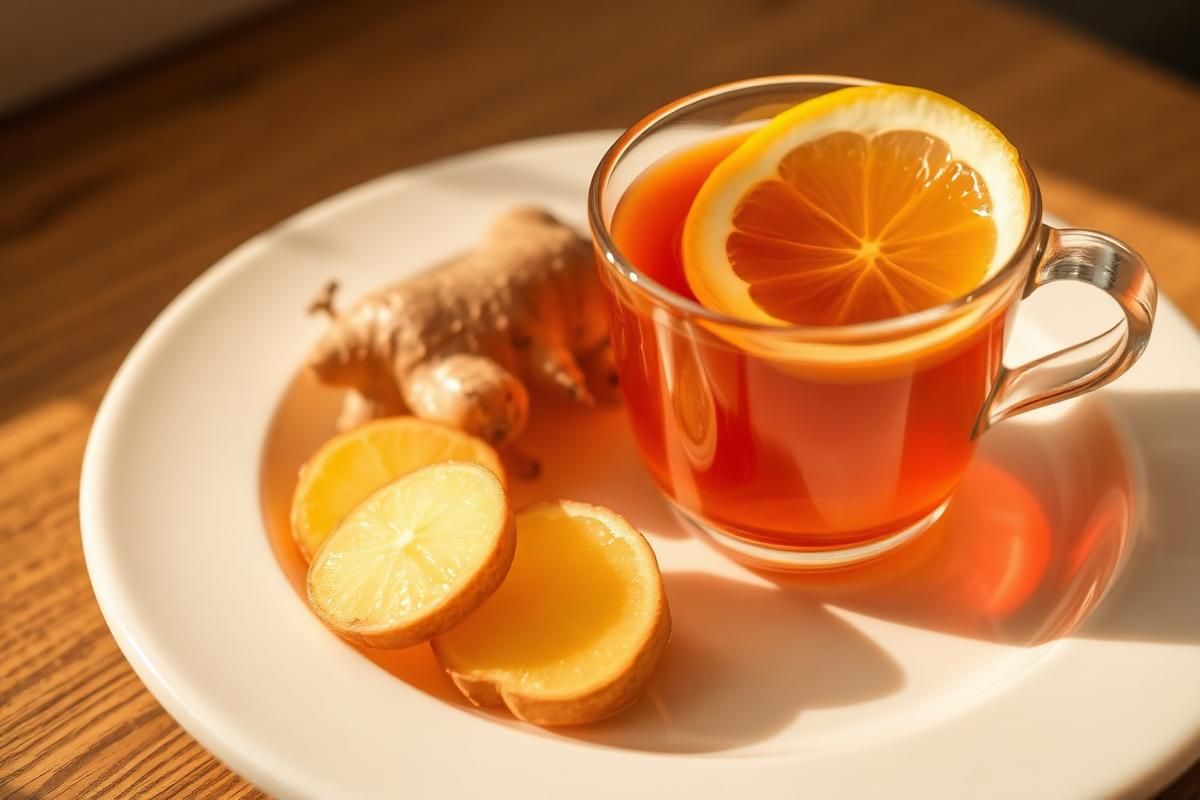 Sliced fresh ginger root and a cup of amber ginger infusion with lemon