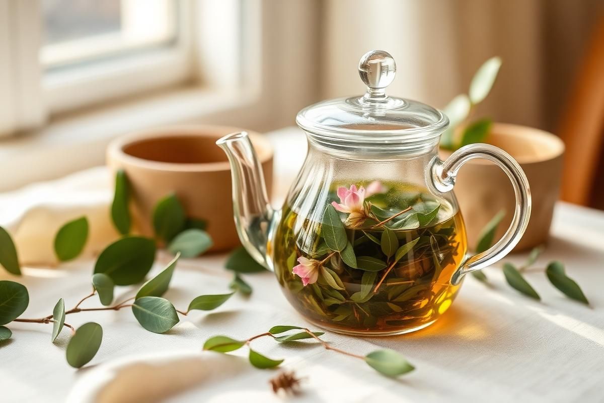 A clear glass teapot beside a matte ceramic teapot on a wooden counter