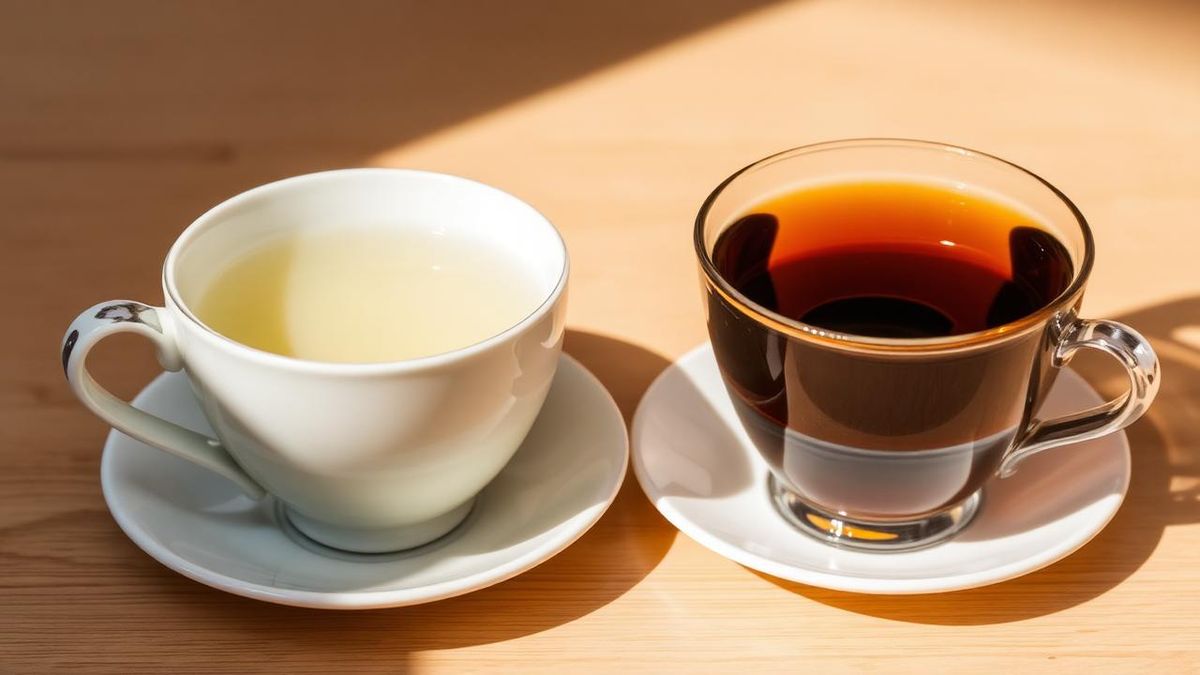 Two cups side by side, one pale green tea and one amber black tea