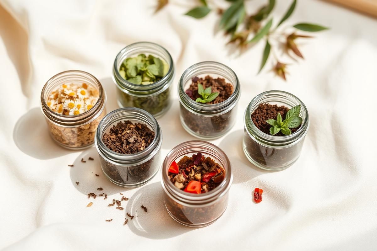 Dried chamomile flowers beside black tea leaves in two small bowls