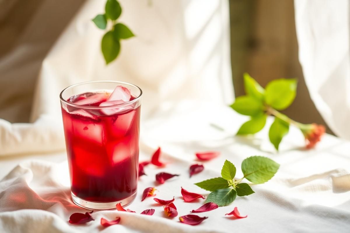 Ruby red hibiscus iced infusion in a glass with dried petals scattered nearby