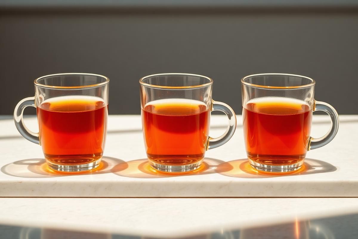 Three cups of tea in different strengths lined up on a pale counter