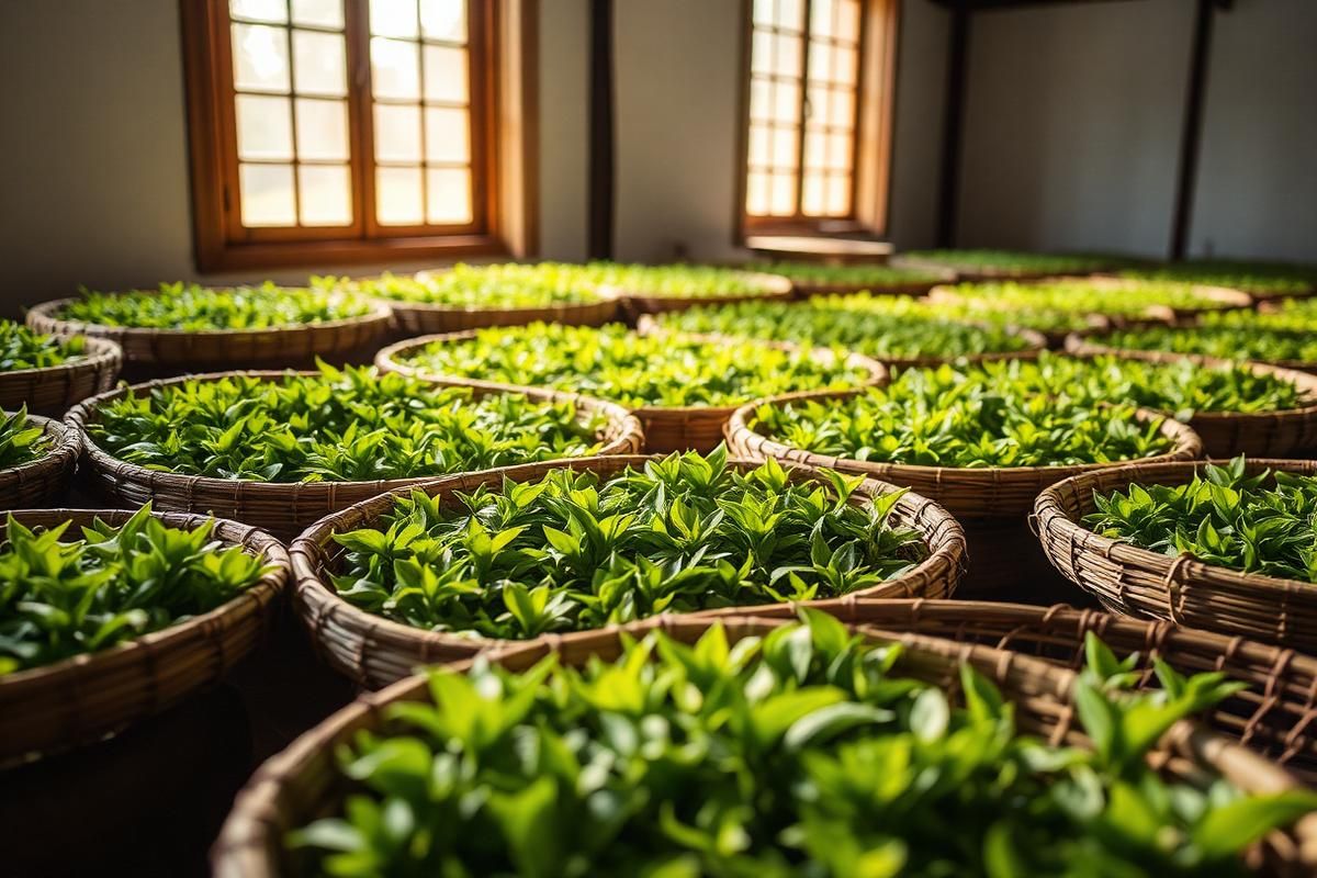 Fresh tea leaves withering on bamboo trays in a processing room