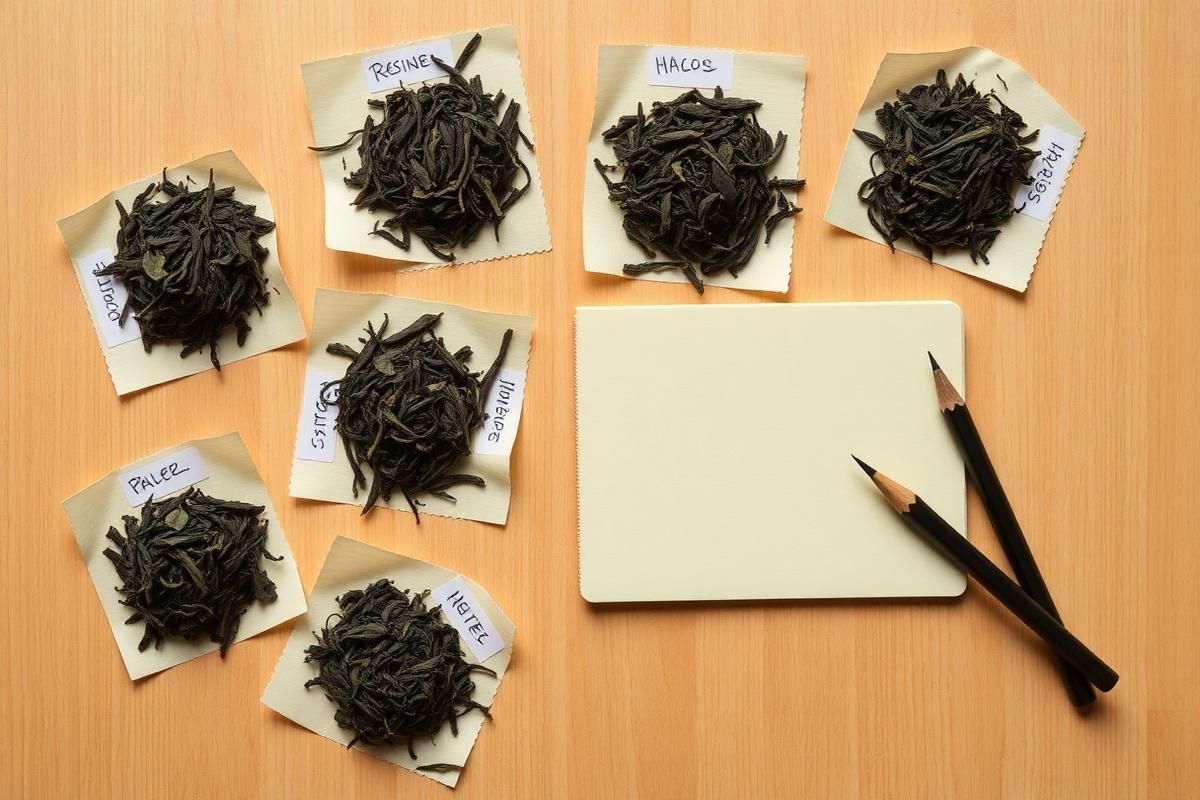 Overhead view of labeled piles of loose-leaf tea beside a notebook and pencils for tasting notes