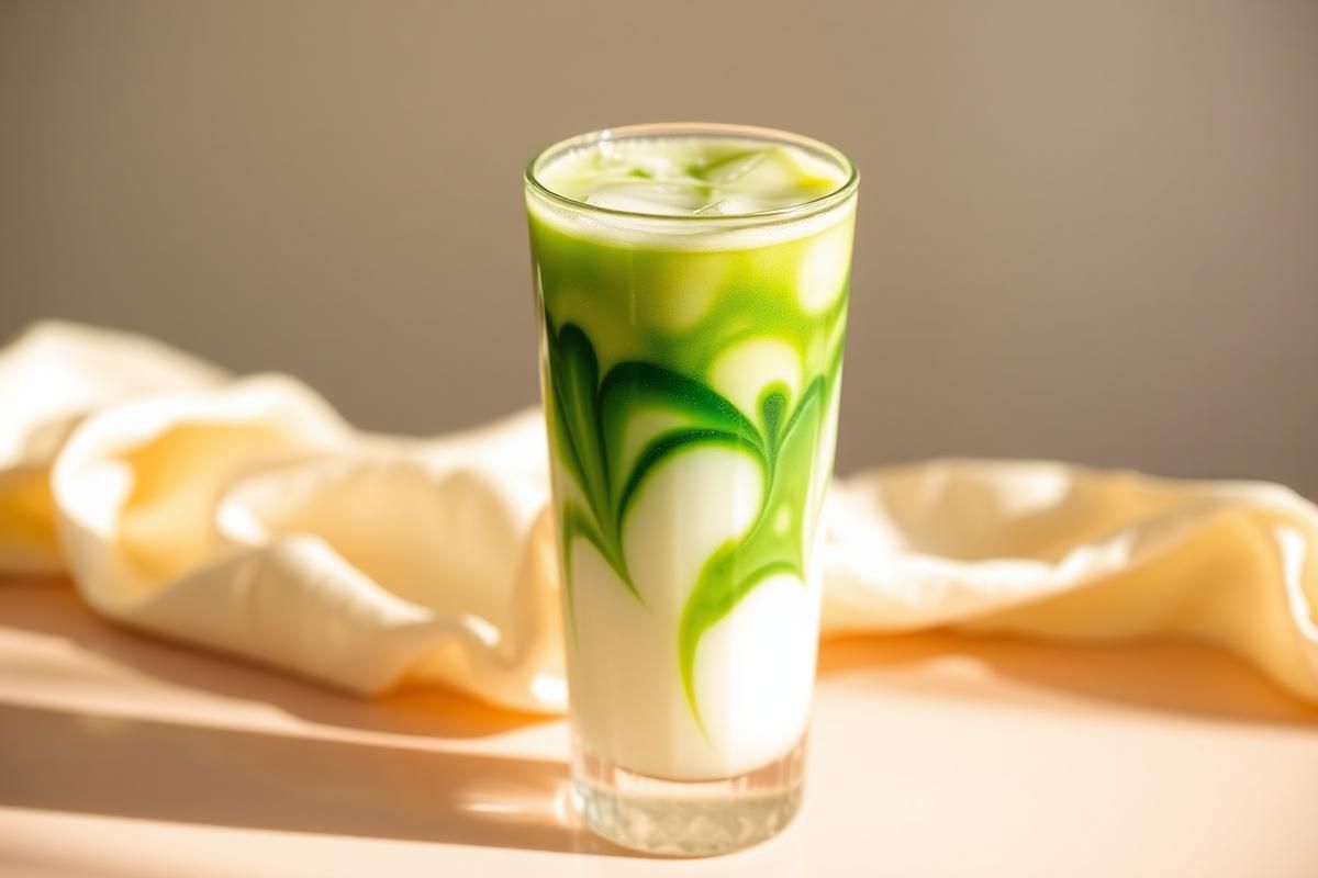 Layered iced matcha latte in a tall glass with green swirling into milk