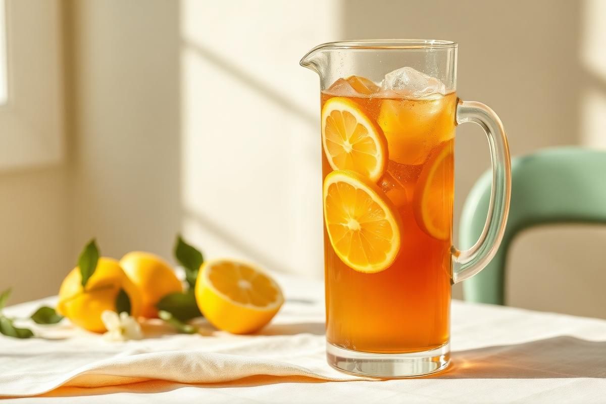 A tall glass of amber iced tea with lemon slices and ice on a wooden table