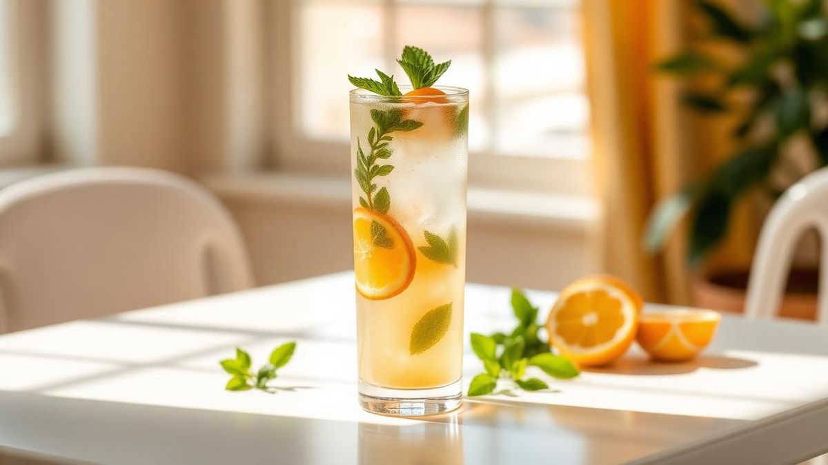 Tall glass of iced tea with mint and citrus on a bright table