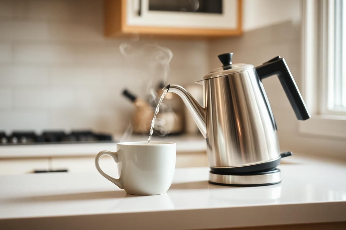 Gooseneck kettle pouring a thin stream of water into a small teapot