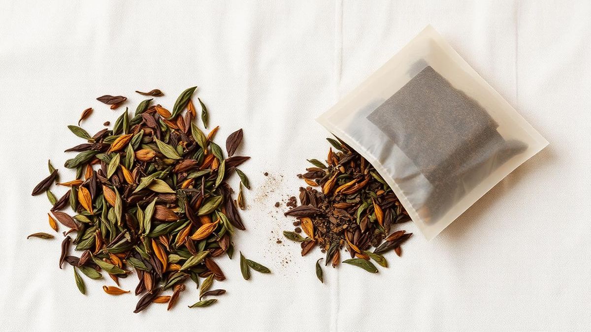 Loose tea leaves beside an opened tea bag showing fine dust