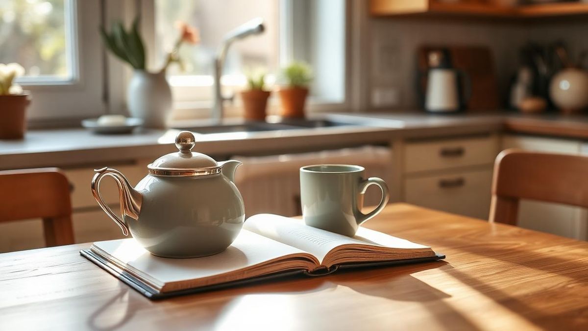 Morning light on a teapot, mug and open notebook on a kitchen table