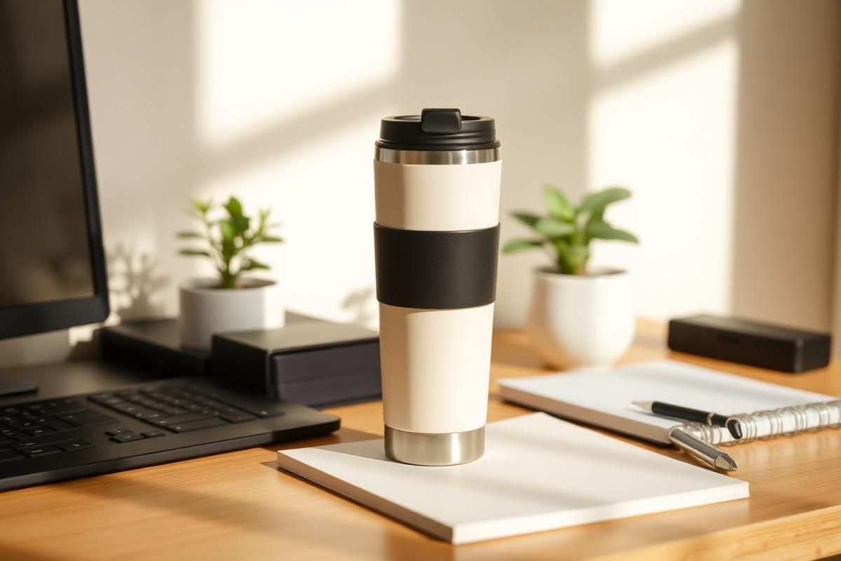A stainless steel travel tumbler with a built-in infuser basket sitting on an office desk