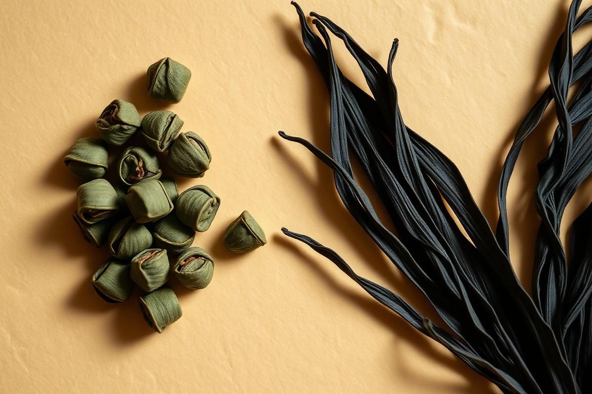 Rolled oolong leaves beside long twisted black tea leaves on paper