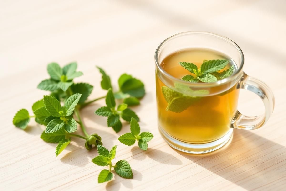Fresh peppermint leaves beside a steaming glass mug of mint infusion