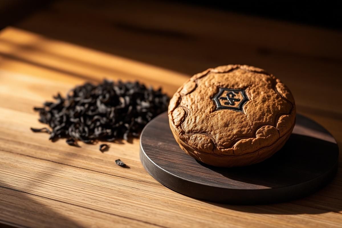 A pressed pu-erh cake beside loose black tea on a dark wood board