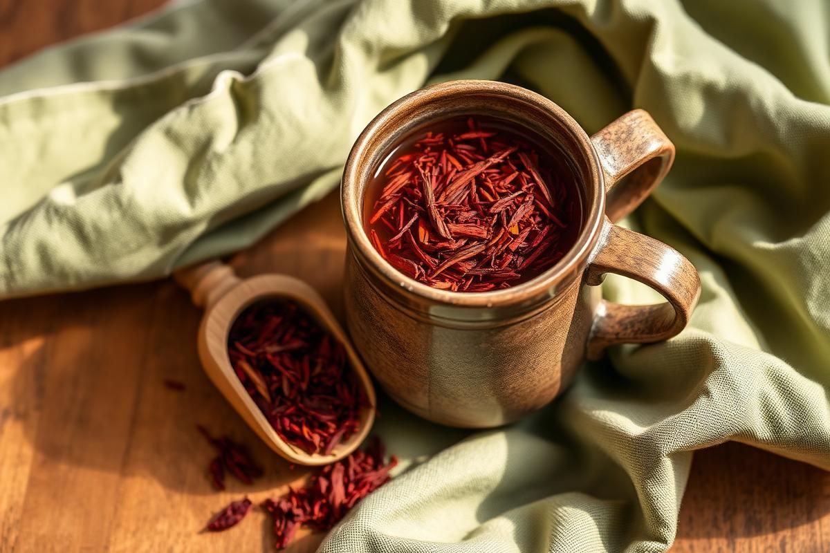 Rooibos infusion in a rustic mug with loose red rooibos leaves in a wooden scoop