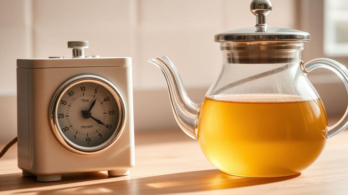 Kitchen timer beside a steeping glass teapot of oolong