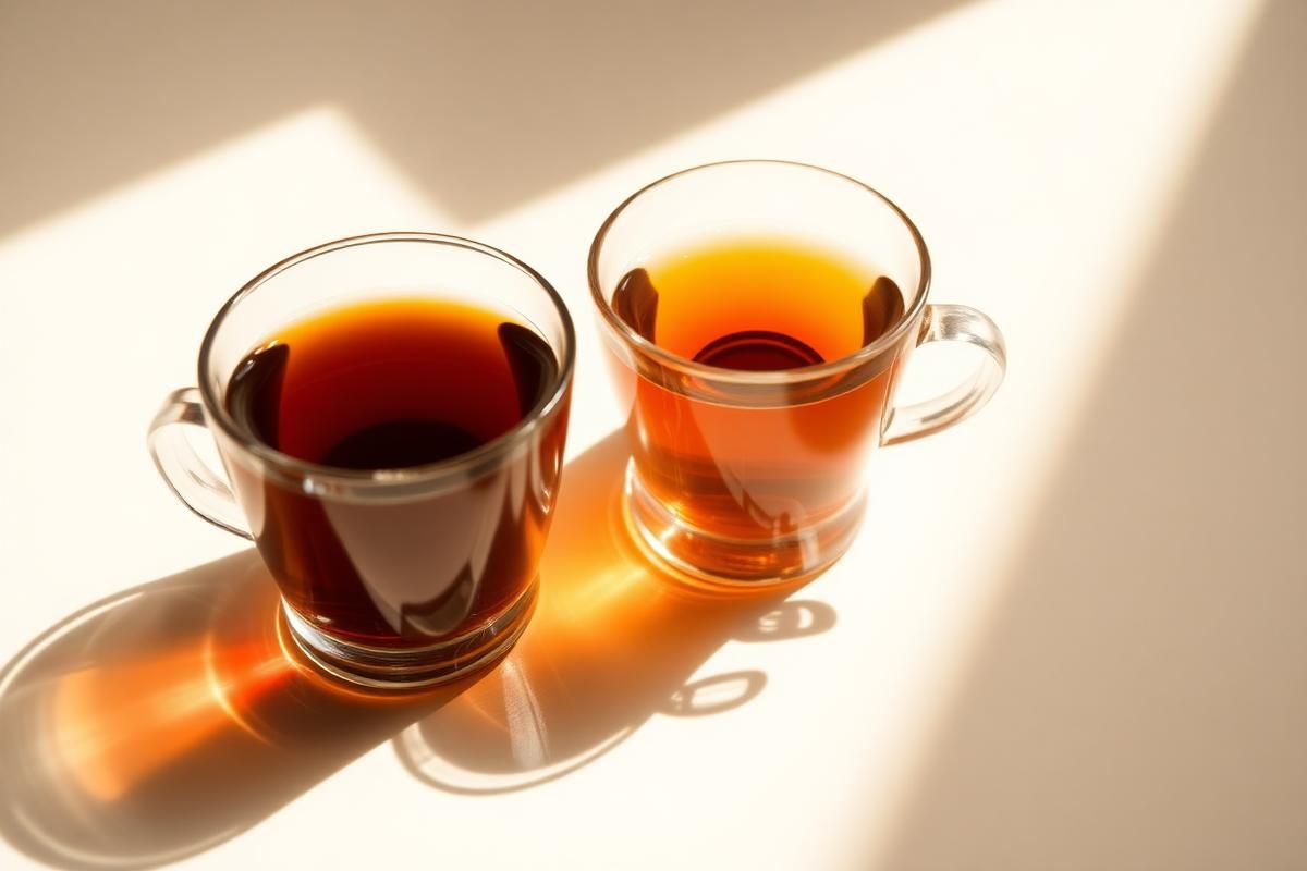 Overbrewed dark tea beside a correctly brewed amber cup