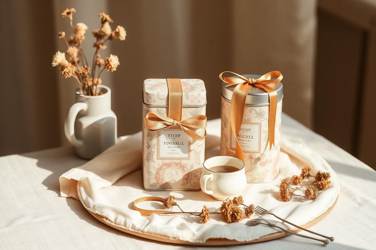 A wrapped tea gift box with a small teapot, cups, and a sampler of tea tins