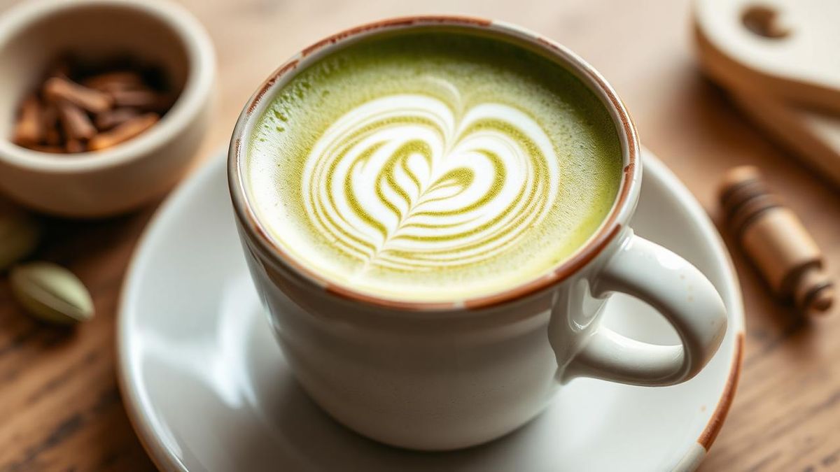 Matcha latte in a ceramic cup with a whisked green top