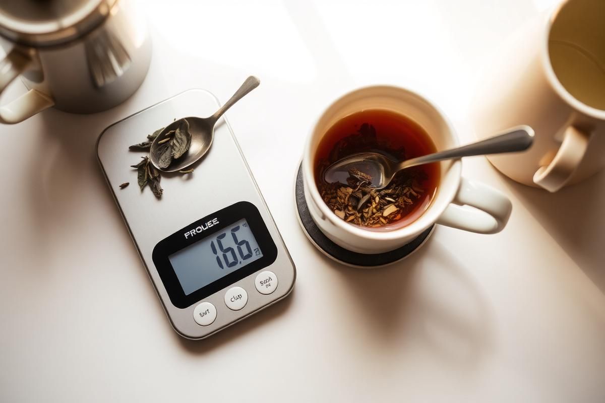 Loose-leaf tea being weighed on a small kitchen scale beside labeled tins