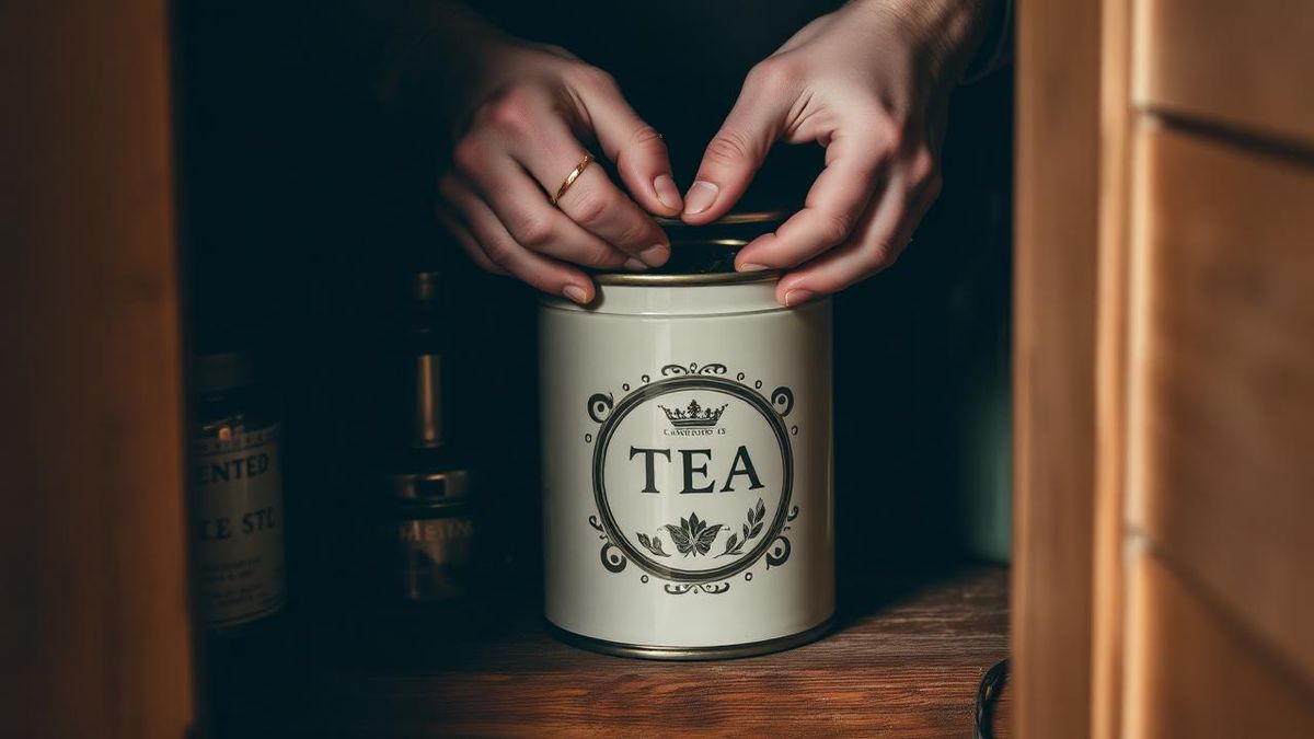 Hands sealing an airtight tea tin in a cool dark pantry