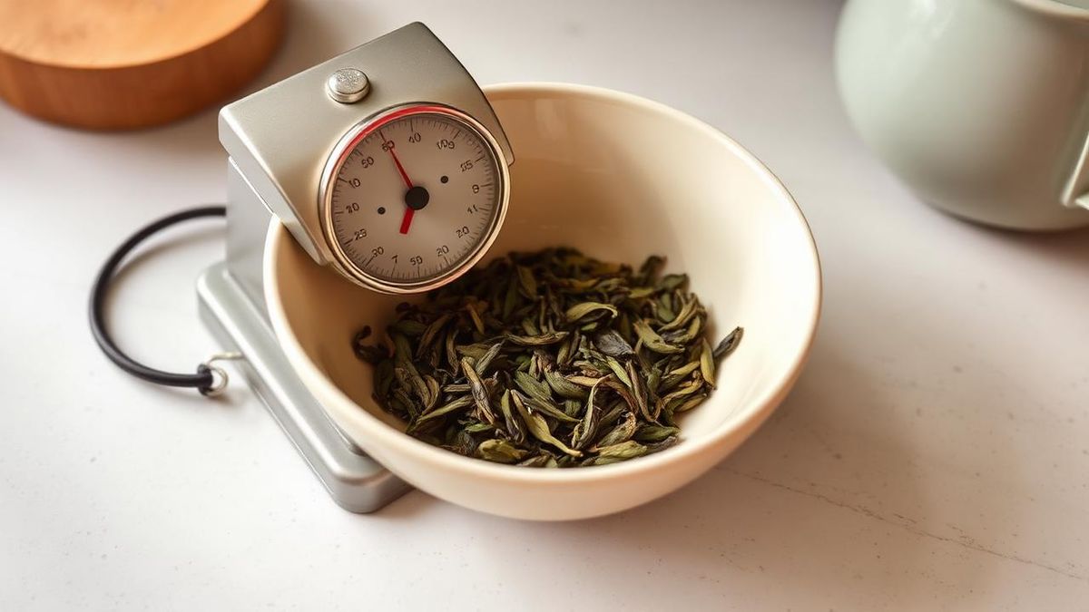 Small kitchen scale weighing loose leaf tea in a cream dish