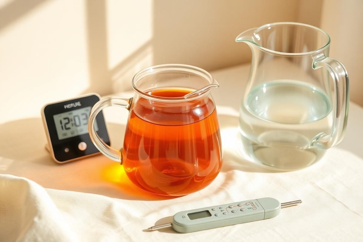 Glass teapot of amber tea beside a pitcher of filtered water and a digital thermometer on cream linen
