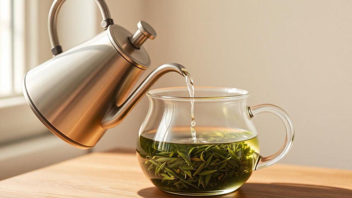 Gooseneck kettle pouring hot water over green tea leaves in a glass pot