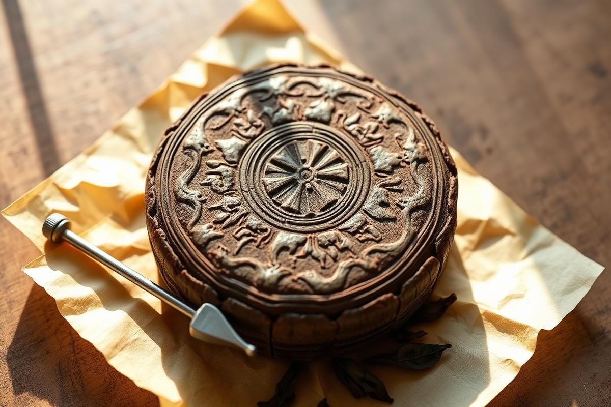 A round pressed pu-erh cake with a pick tool and loosened leaves